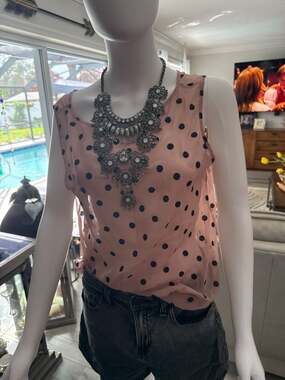 Worthington Pink Sleeveless Chiffon Blouse with Black Polka Dots